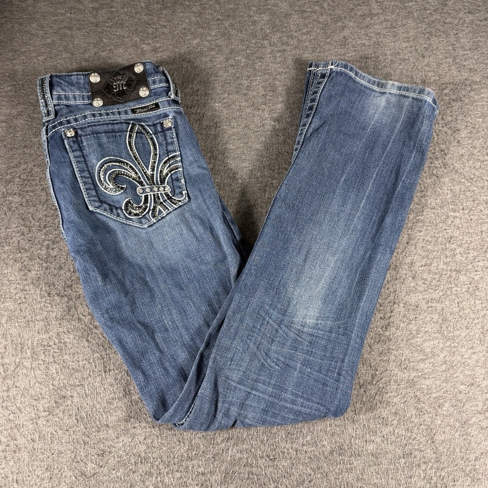 Miss Me Jeans Womens‎ Size 27 Fleur-de-lis Pockets Embroidered Jeweled Bootcut